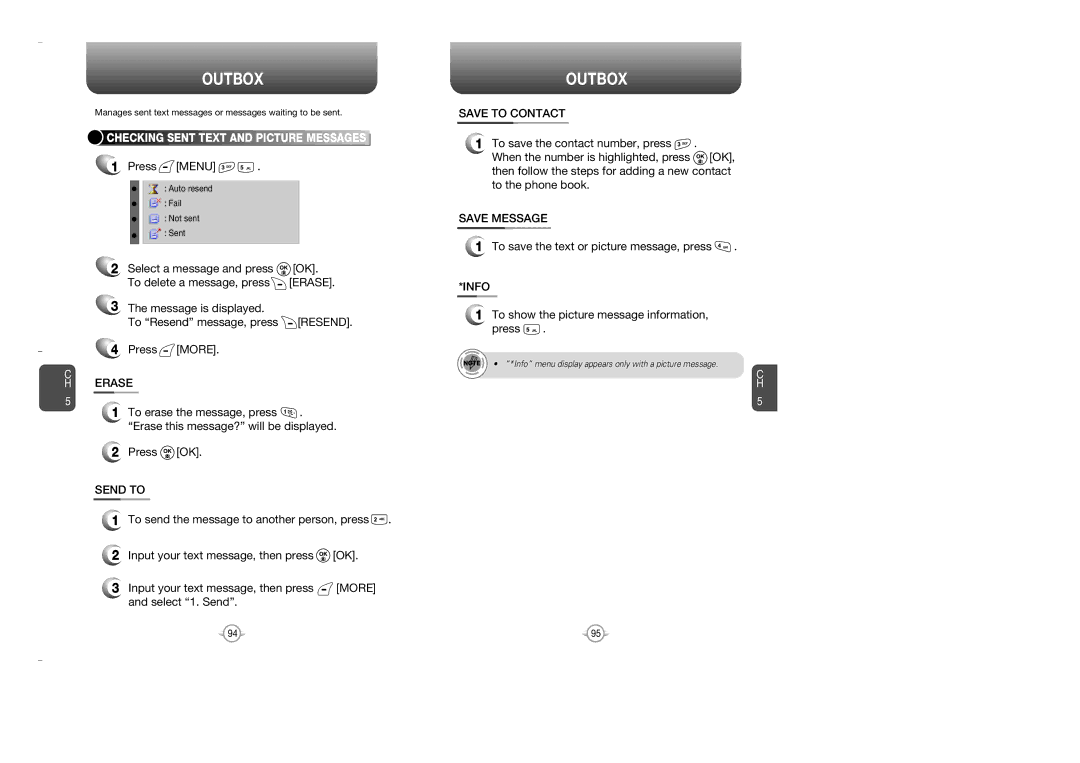 Audiovox OV7 manual Outbox, Erase, Send to, To save the text or picture message, press 