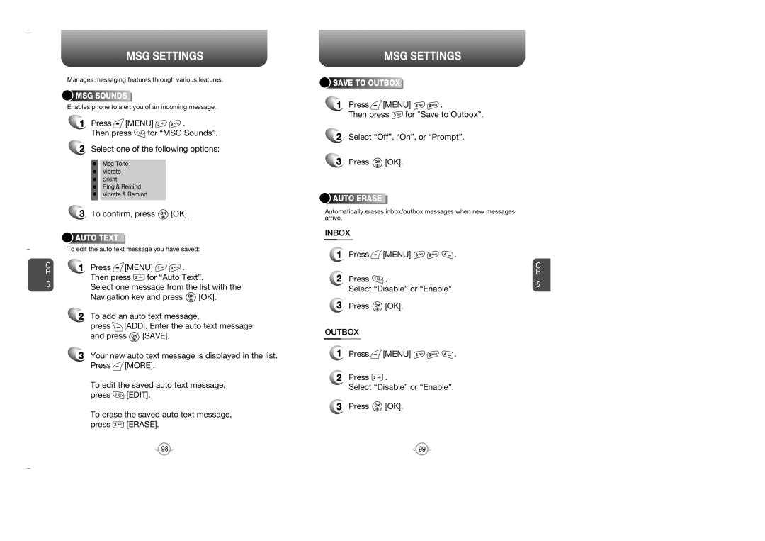 Audiovox OV7 manual MSG Settings, Inbox, Press Menu Select Disable or Enable Press OK, Outbox 