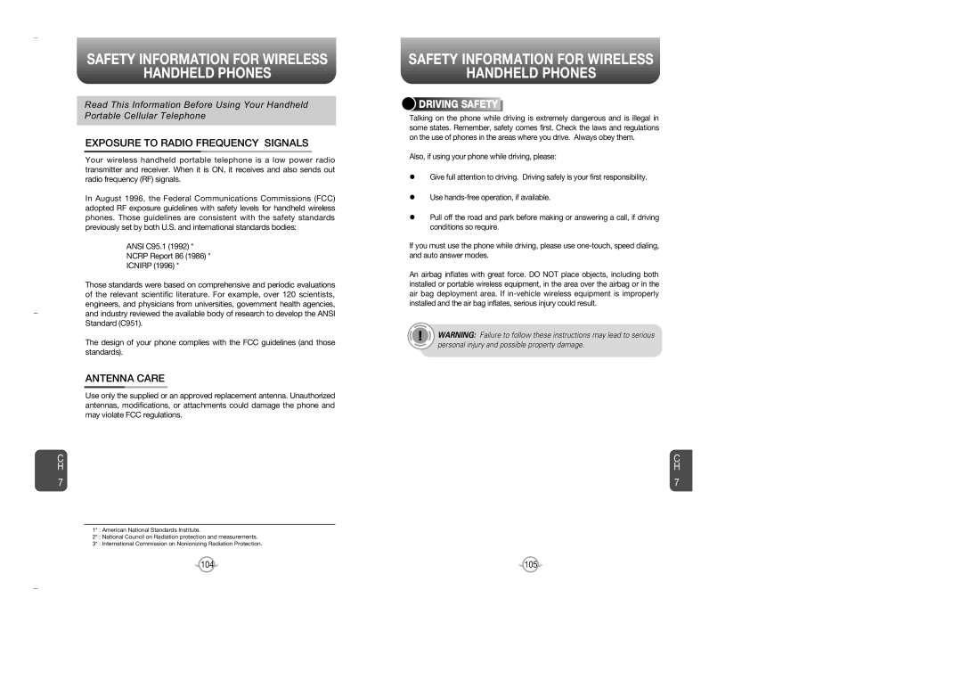 Audiovox OV7 manual Safety Information for Wireless Handheld Phones, Exposure to Radio Frequency Signals, Antenna Care 