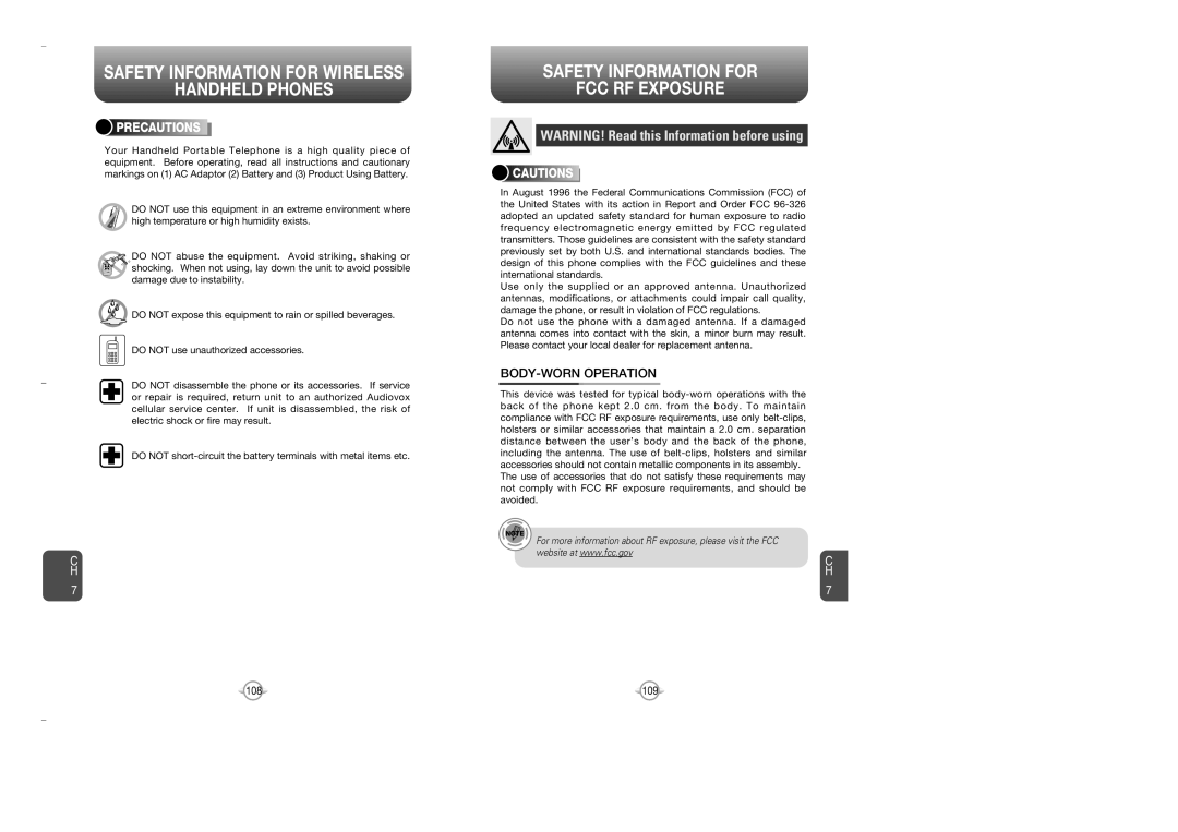 Audiovox OV7 manual Safety Information for FCC RF Exposure, BODY-WORN Operation, Precautions 