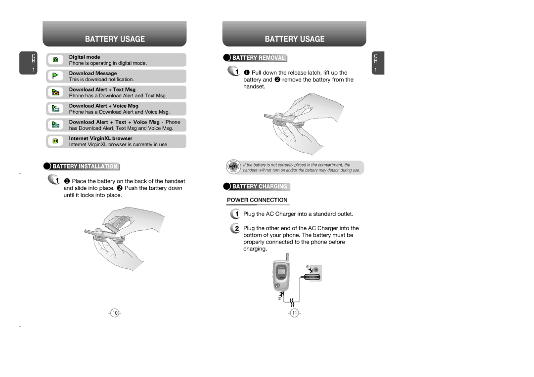 Audiovox OV7 manual Battery Usage, Power Connection, Digital mode, Battery Charging 