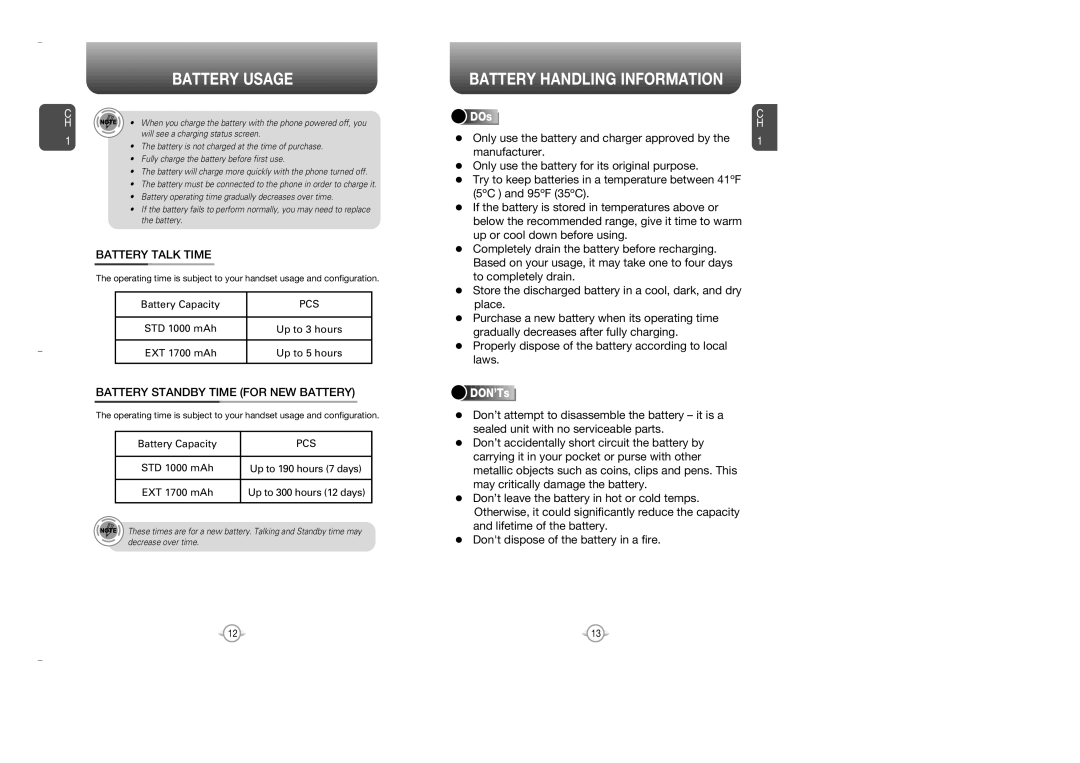 Audiovox OV7 manual Battery Handling Information, Battery Talk Time, Battery Standby Time for NEW Battery, DOs, DON’Ts 