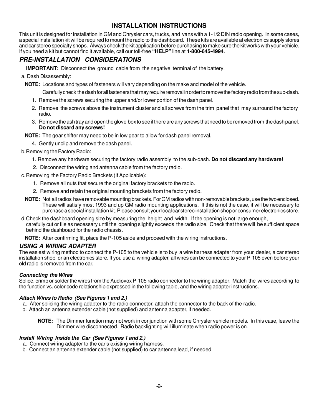 Audiovox P-105 installation manual Using a Wiring Adapter, Connecting the Wires, Attach Wires to Radio See Figures 1 