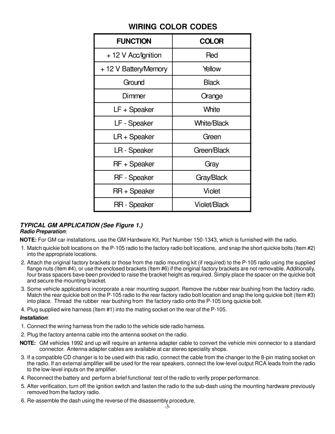 Audiovox P-105 installation manual Typical GM Application See Figure, Radio Preparation, Installation 