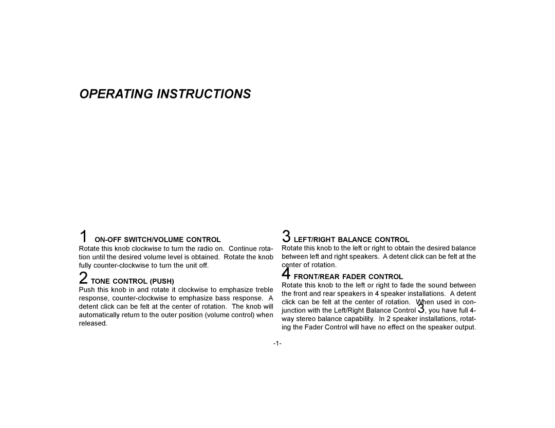 Audiovox P-15 Operating Instructions, ON-OFF SWITCH/VOLUME Control, Tone Control Push, LEFT/RIGHT Balance Control 