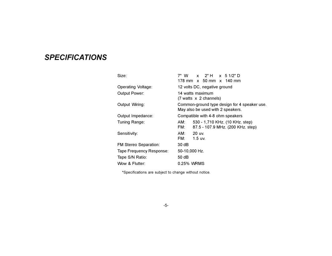 Audiovox P-15 owner manual Specifications 