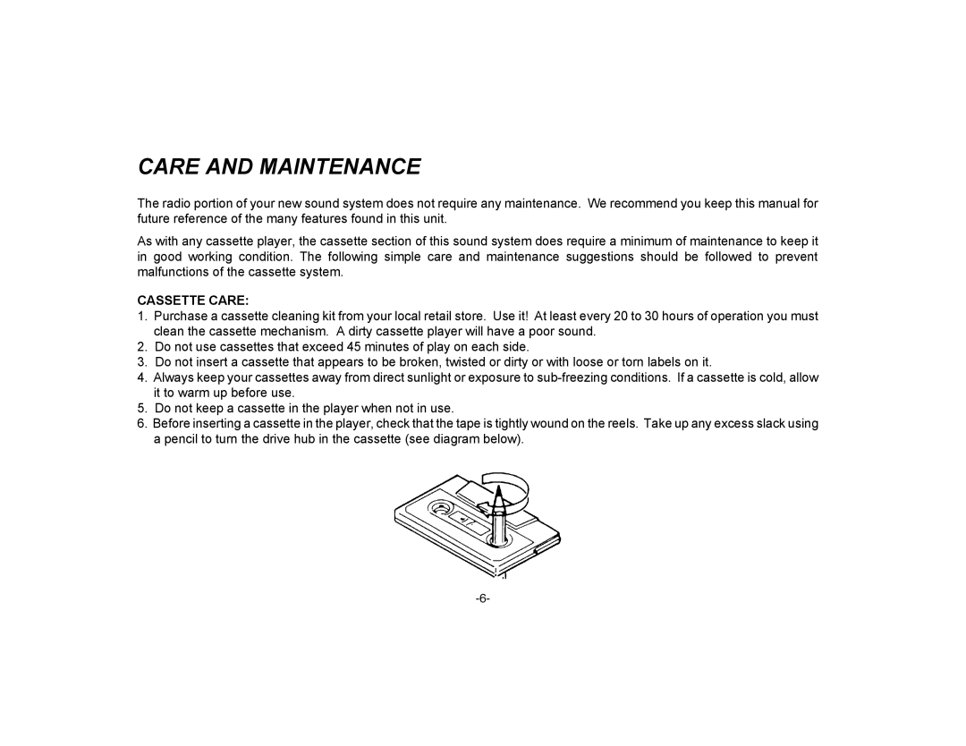 Audiovox P-15 owner manual Care and Maintenance, Cassette Care 