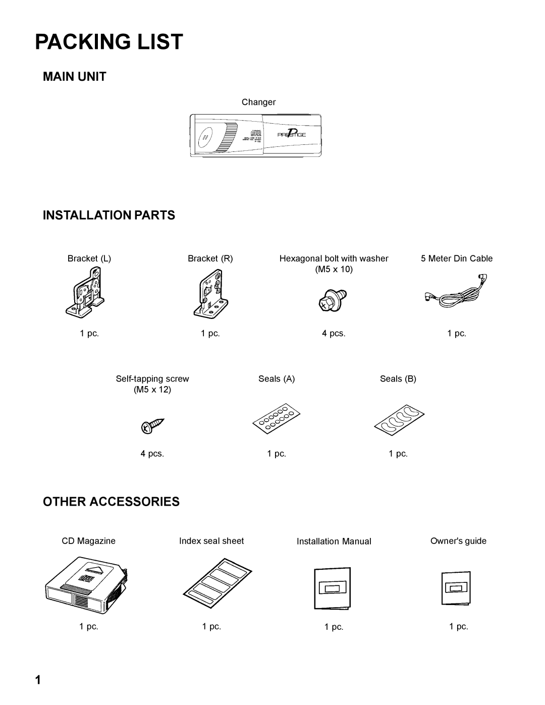 Audiovox P-150, AUDIOVOX COMPACT DISC CHANGER SYSTEM installation manual Packing List, Installation Parts 