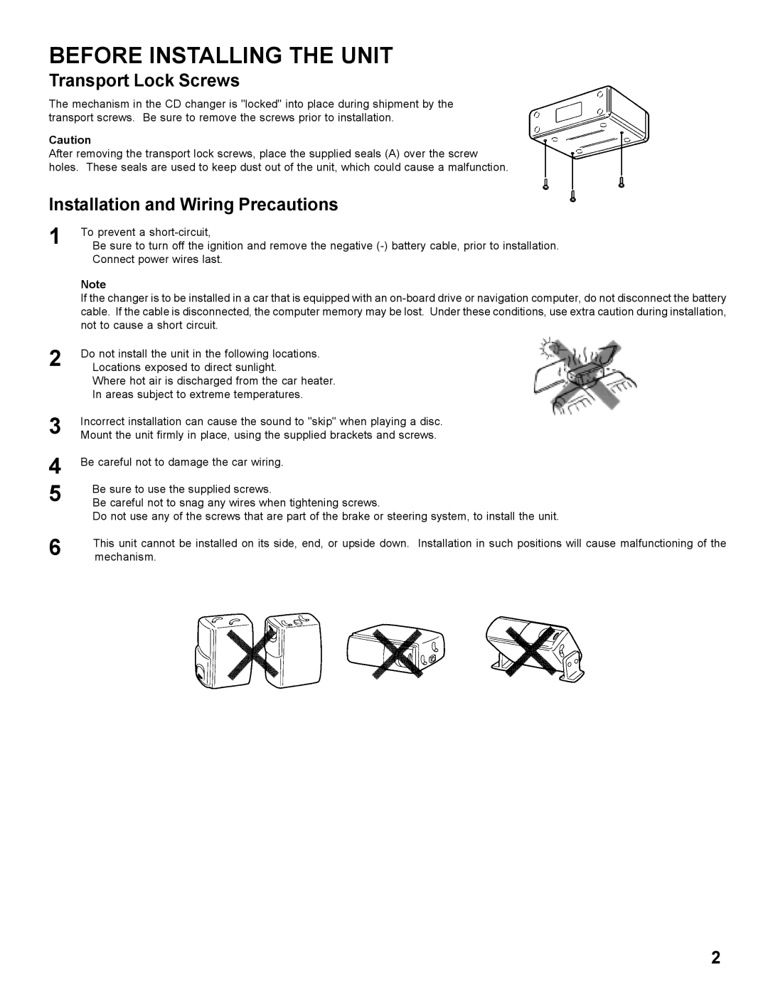 Audiovox AUDIOVOX COMPACT DISC CHANGER SYSTEM, P-150 installation manual Before Installing the Unit, Transport Lock Screws 