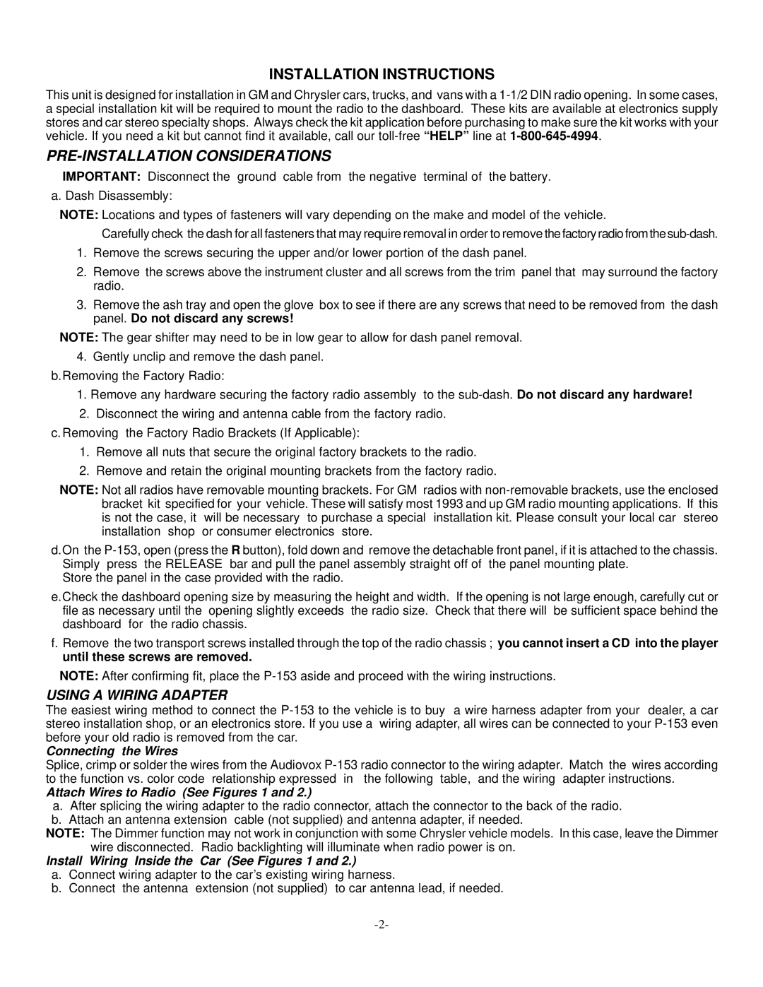 Audiovox P-153 installation manual Installation Instructions, PRE-INSTALLATION Considerations, Using a Wiring Adapter 