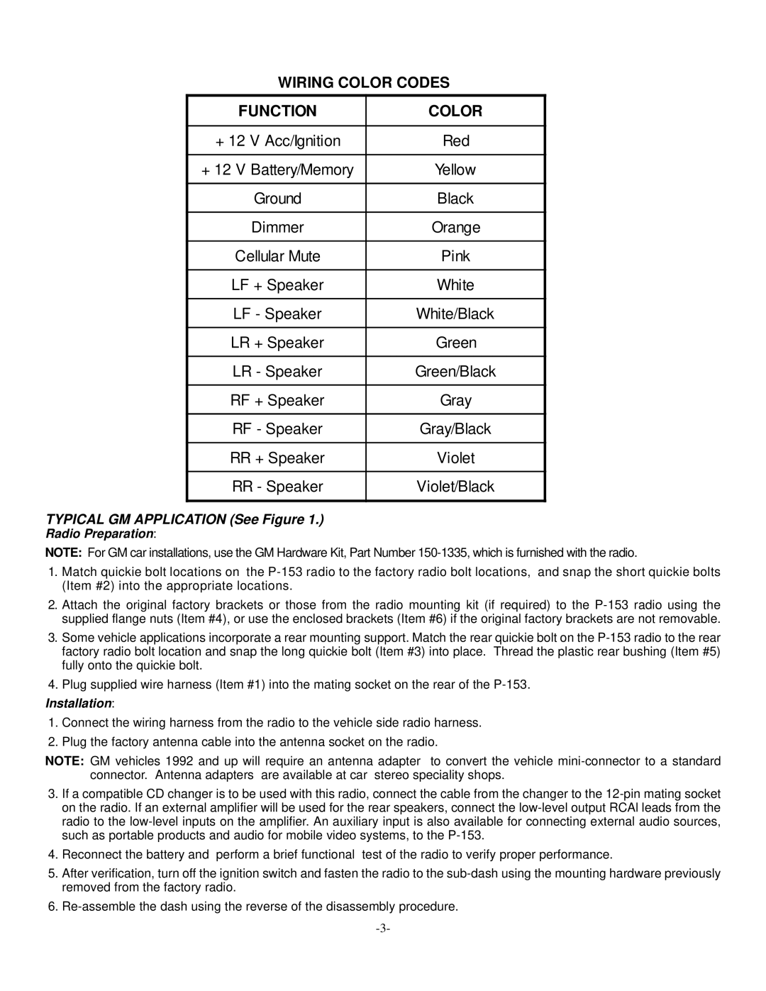 Audiovox P-153 Wiring Color Codes Function, Typical GM Application See Figure, Radio Preparation, Installation 