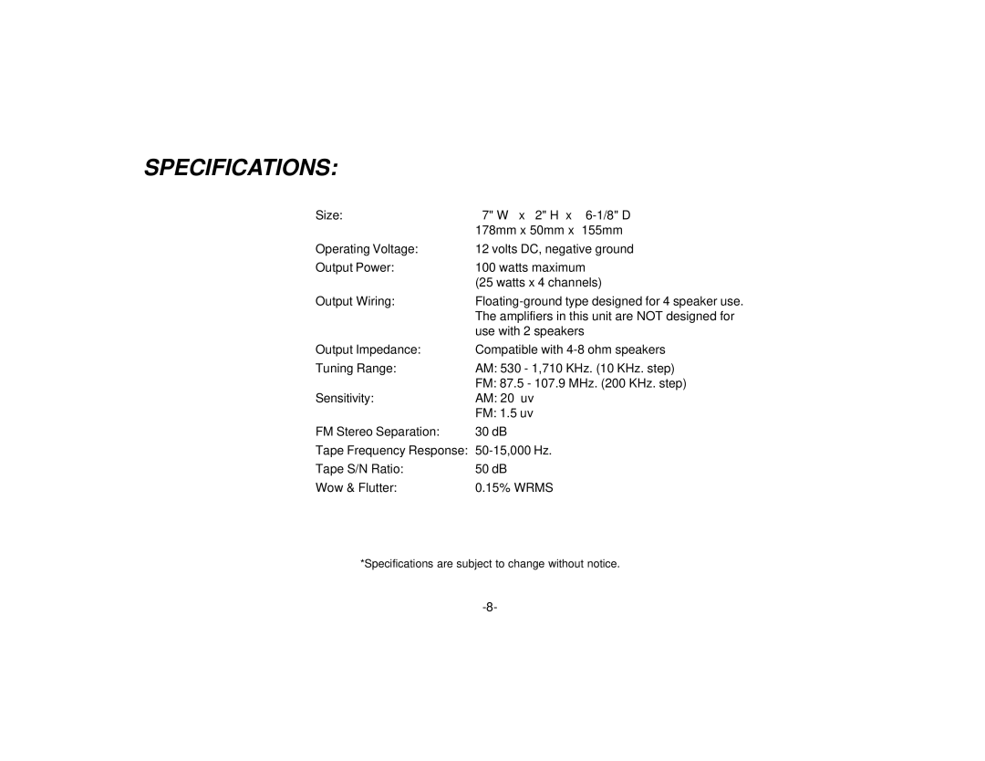 Audiovox P-48 manual Specifications 