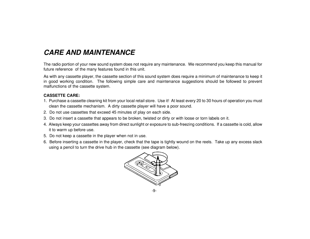 Audiovox P-48 manual Care and Maintenance, Cassette Care 