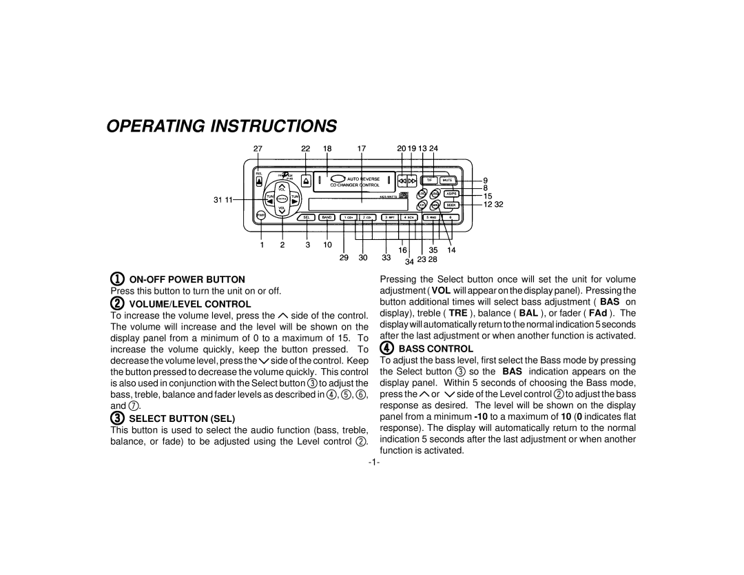 Audiovox P-48 manual Operating Instructions, ON-OFF Power Button, VOLUME/LEVEL Control, Select Button SEL, Bass Control 