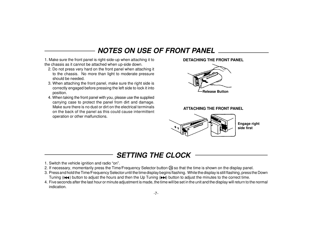 Audiovox P-48 manual Setting the Clock, Detaching the Front Panel, Attaching the Front Panel 