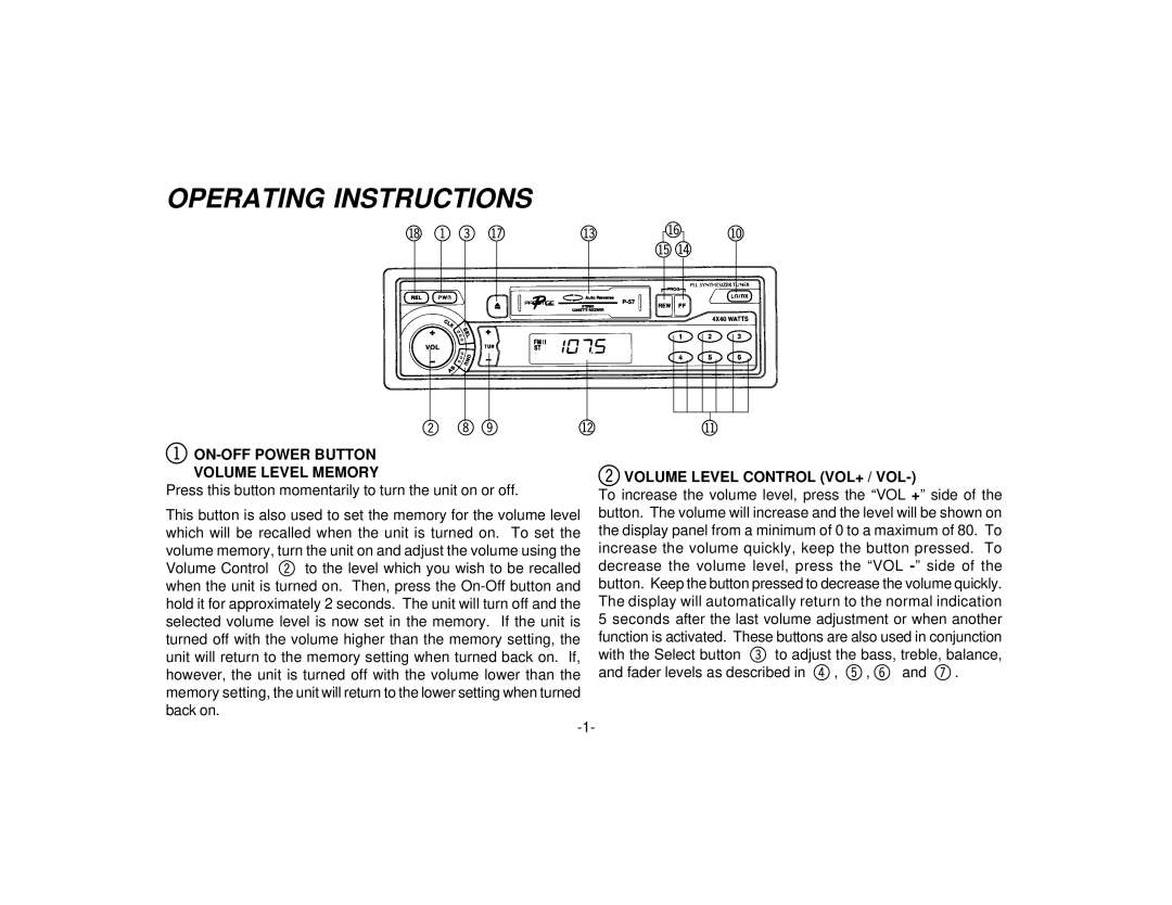 Audiovox P-57S manual Operating Instructions, ON-OFF Power Button Volume Level Memory, Volume Level Control VOL+ / VOL 