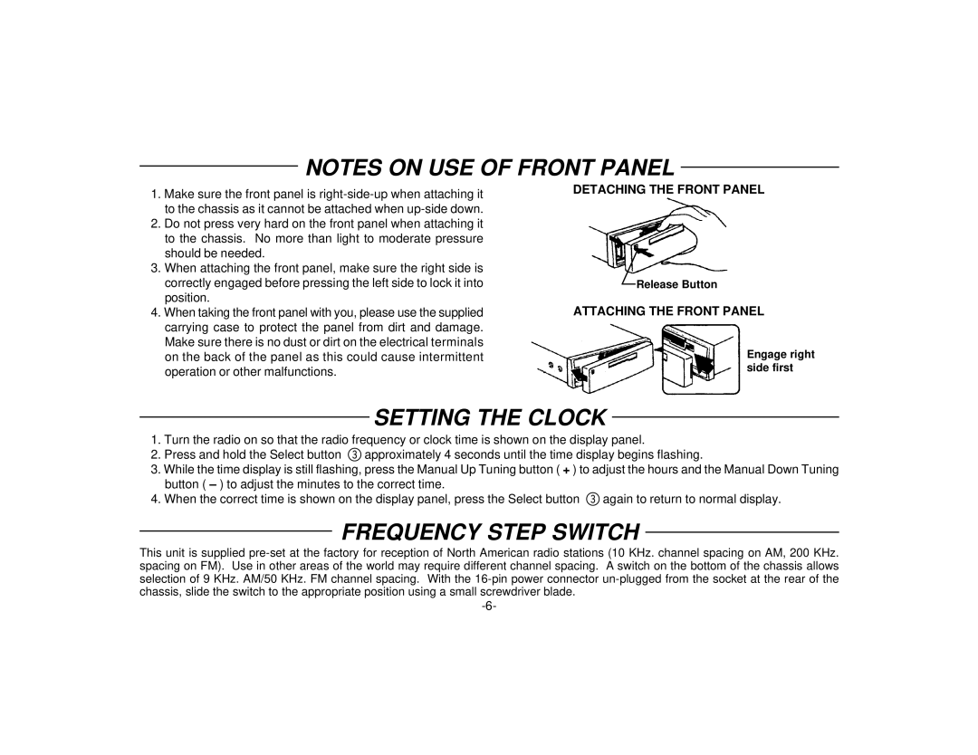 Audiovox P-57S manual Setting the Clock, Frequency Step Switch, Detaching the Front Panel, Attaching the Front Panel 