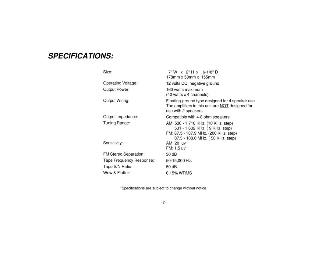 Audiovox P-57S manual Specifications 