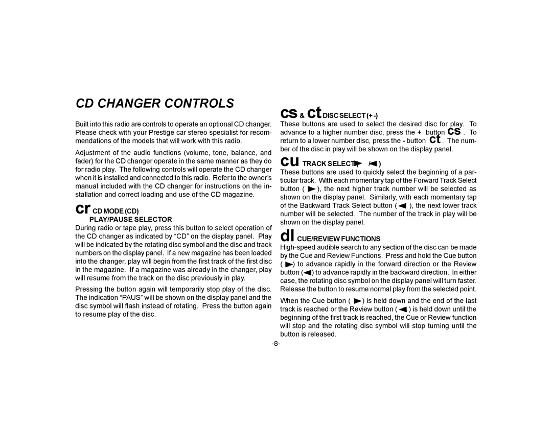 Audiovox P-72 owner manual CD Changer Controls, PLAY/PAUSE Selector 