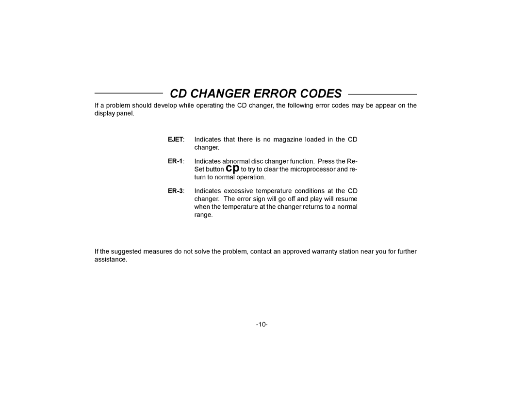 Audiovox P-72 owner manual CD Changer Error Codes 