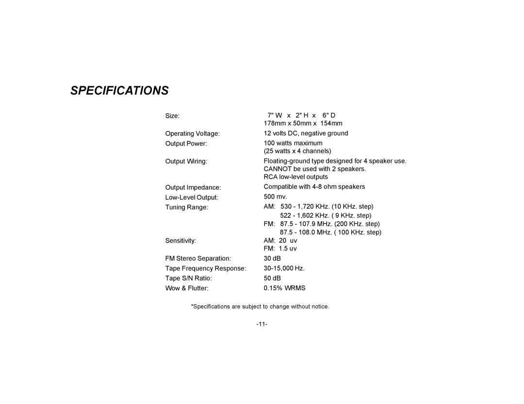 Audiovox P-72 owner manual Specifications 