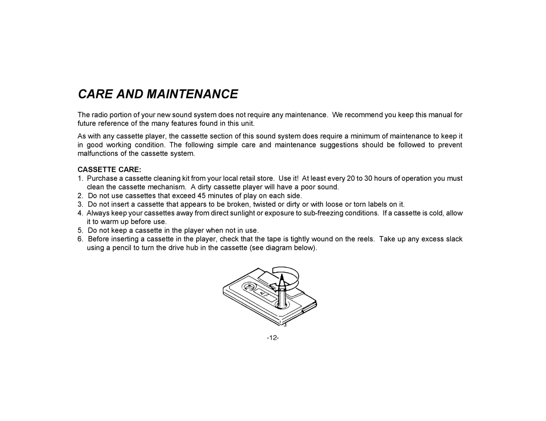 Audiovox P-72 owner manual Care and Maintenance, Cassette Care 