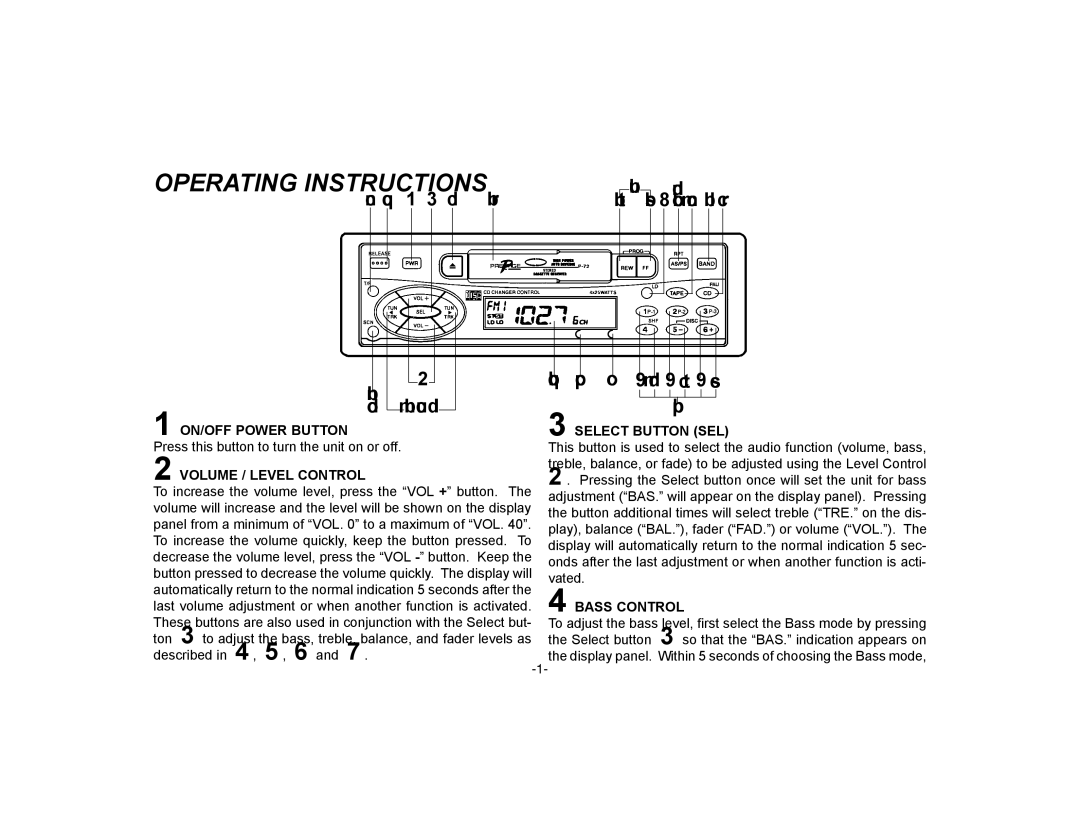 Audiovox P-72 owner manual Operating Instructions, ON/OFF Power Button, Volume / Level Control, Select Button SEL 