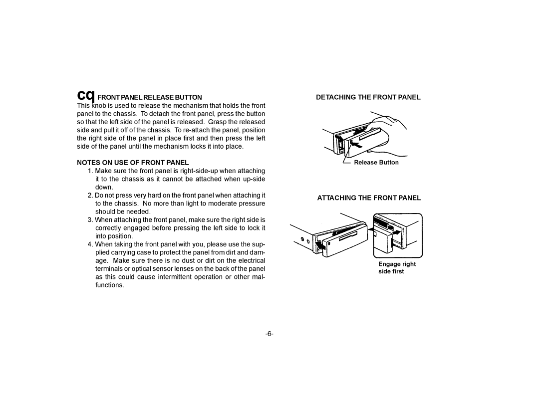 Audiovox P-72 owner manual Detaching the Front Panel, Attaching the Front Panel 