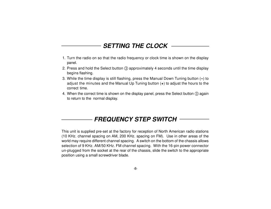 Audiovox P-87S manual Setting the Clock, Frequency Step Switch 