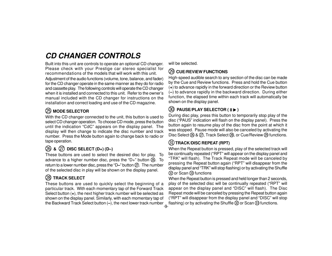 Audiovox P-87S manual CD Changer Controls 