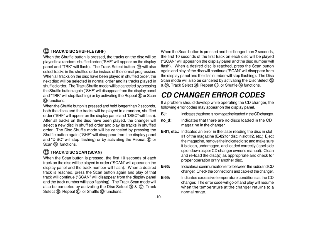 Audiovox P-87S manual CD Changer Error Codes, Dn TRACK/DISC Shuffle SHF, Do TRACK/DISC Scan Scan 