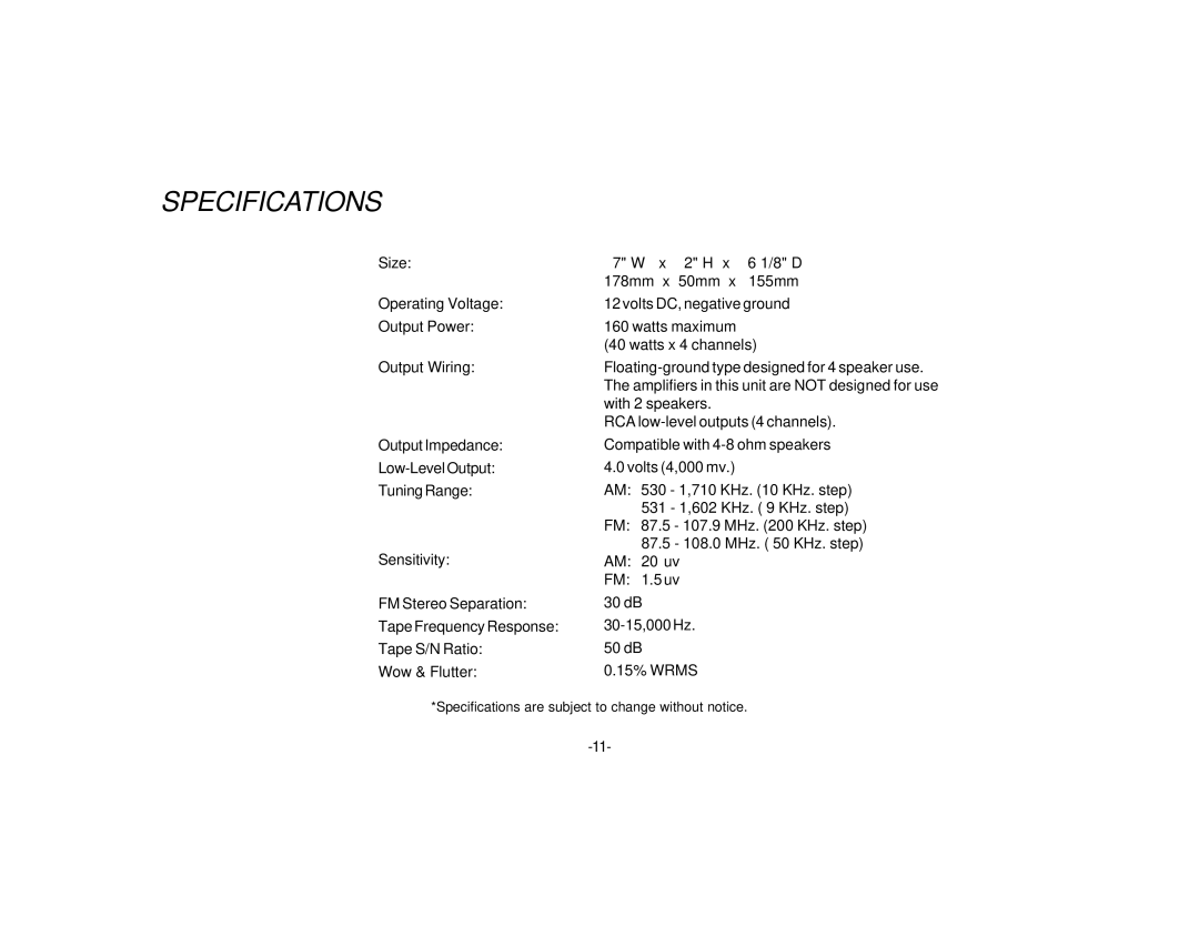 Audiovox P-87S manual Specifications 