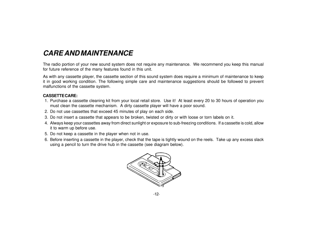 Audiovox P-87S manual Care and Maintenance, Cassette Care 