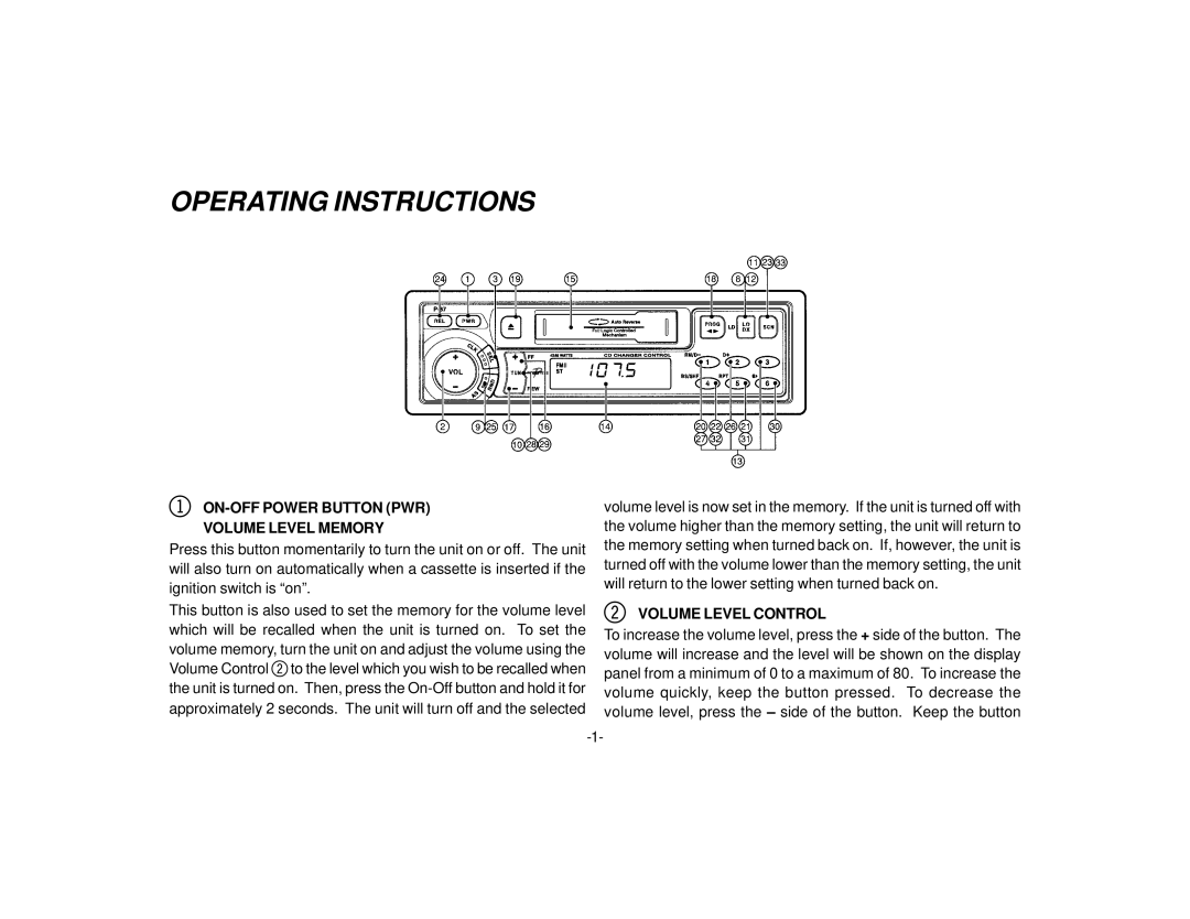 Audiovox P-87S manual Operating Instructions, ON-OFF Power Button PWR Volume Level Memory, Volume Level Control 