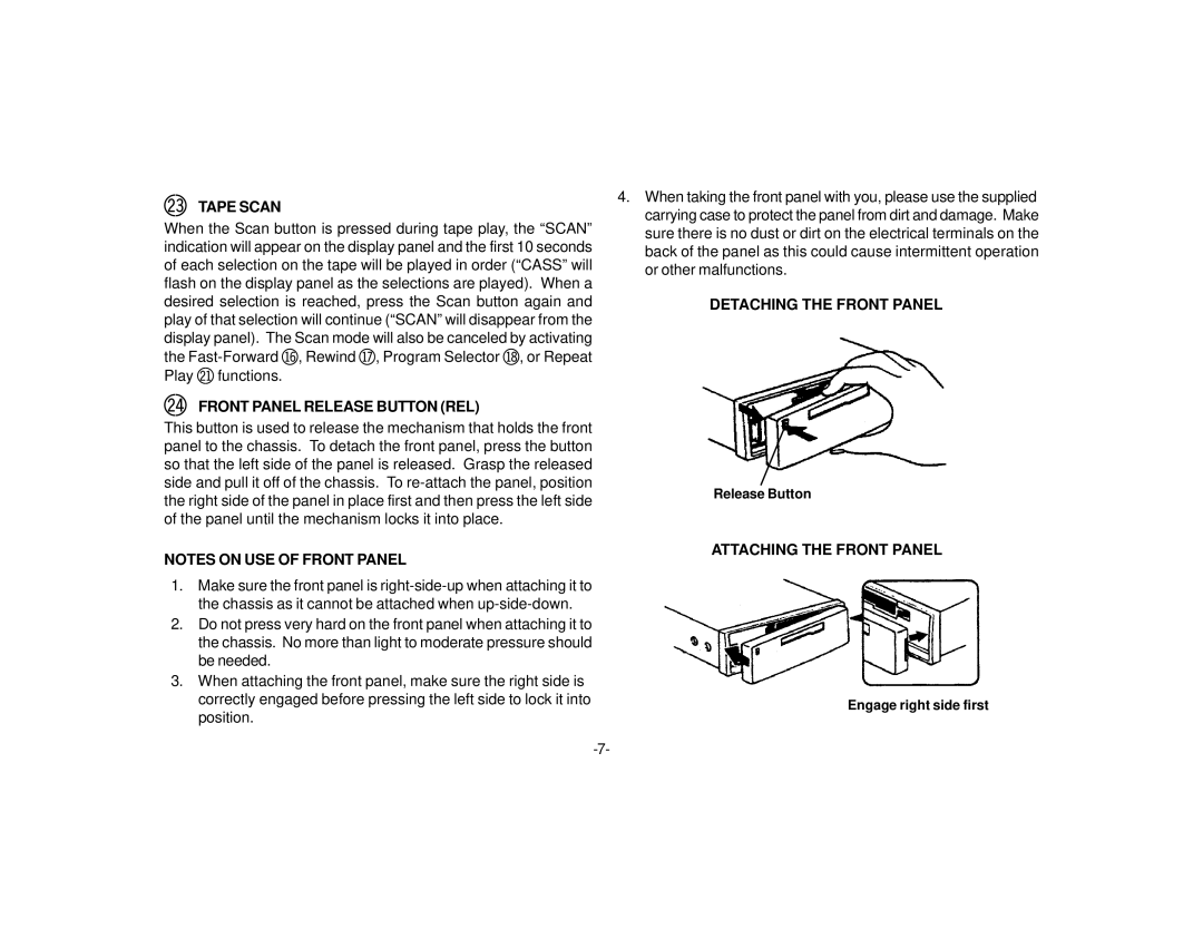 Audiovox P-87S manual Co Tape Scan, Cp Front Panel Release Button REL, Detaching the Front Panel, Attaching the Front Panel 