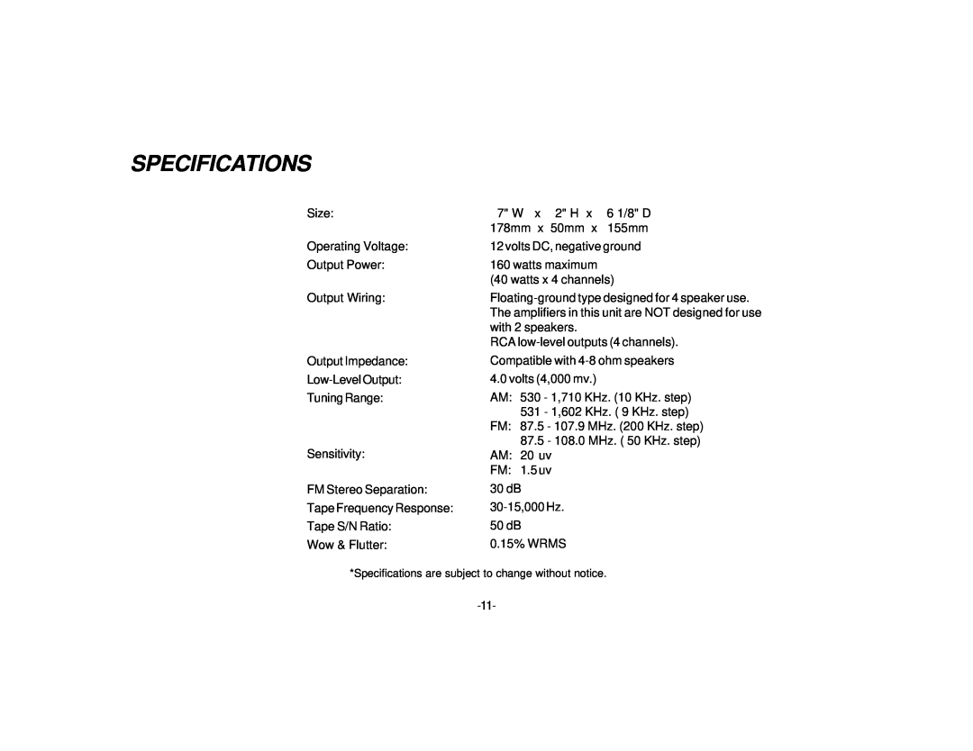 Audiovox P-87S manual Specifications 