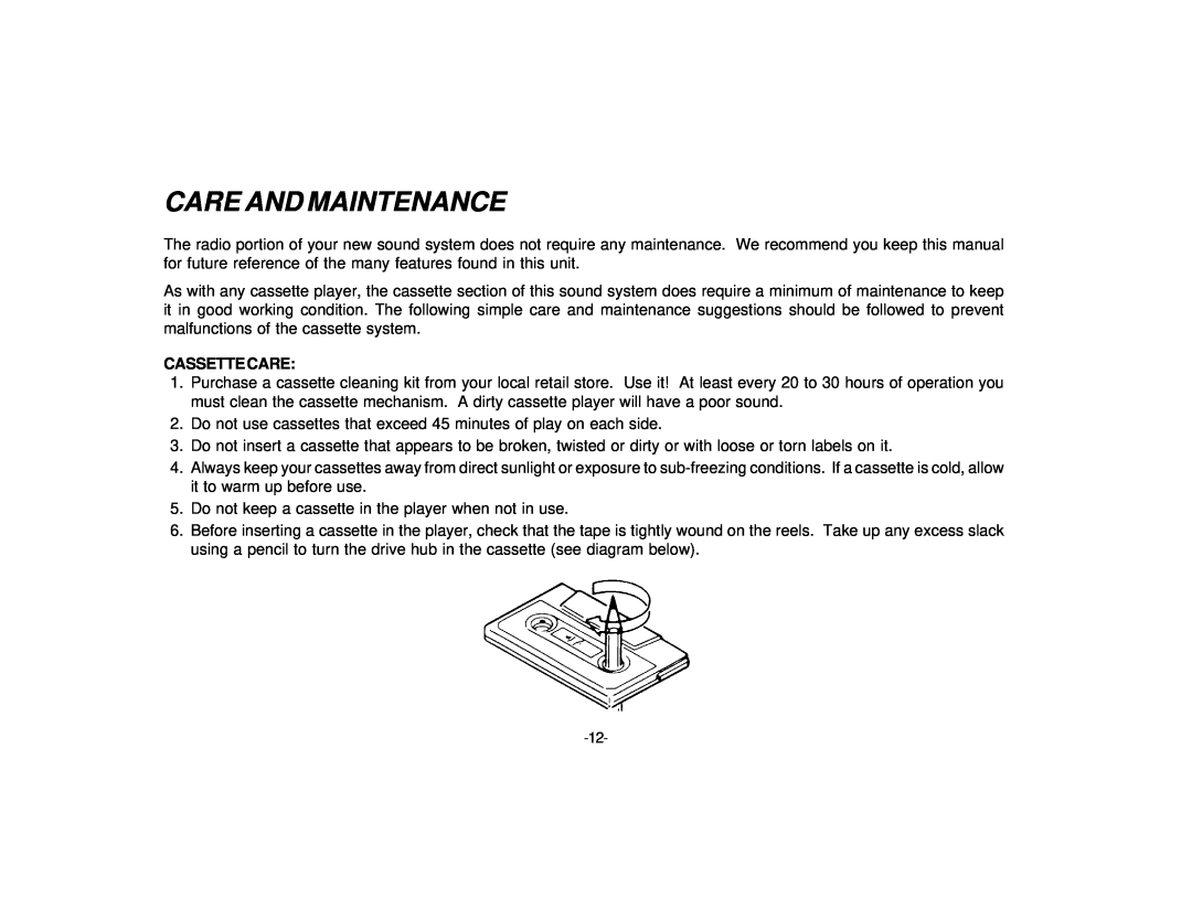 Audiovox P-87S manual Care And Maintenance, Cassette Care 