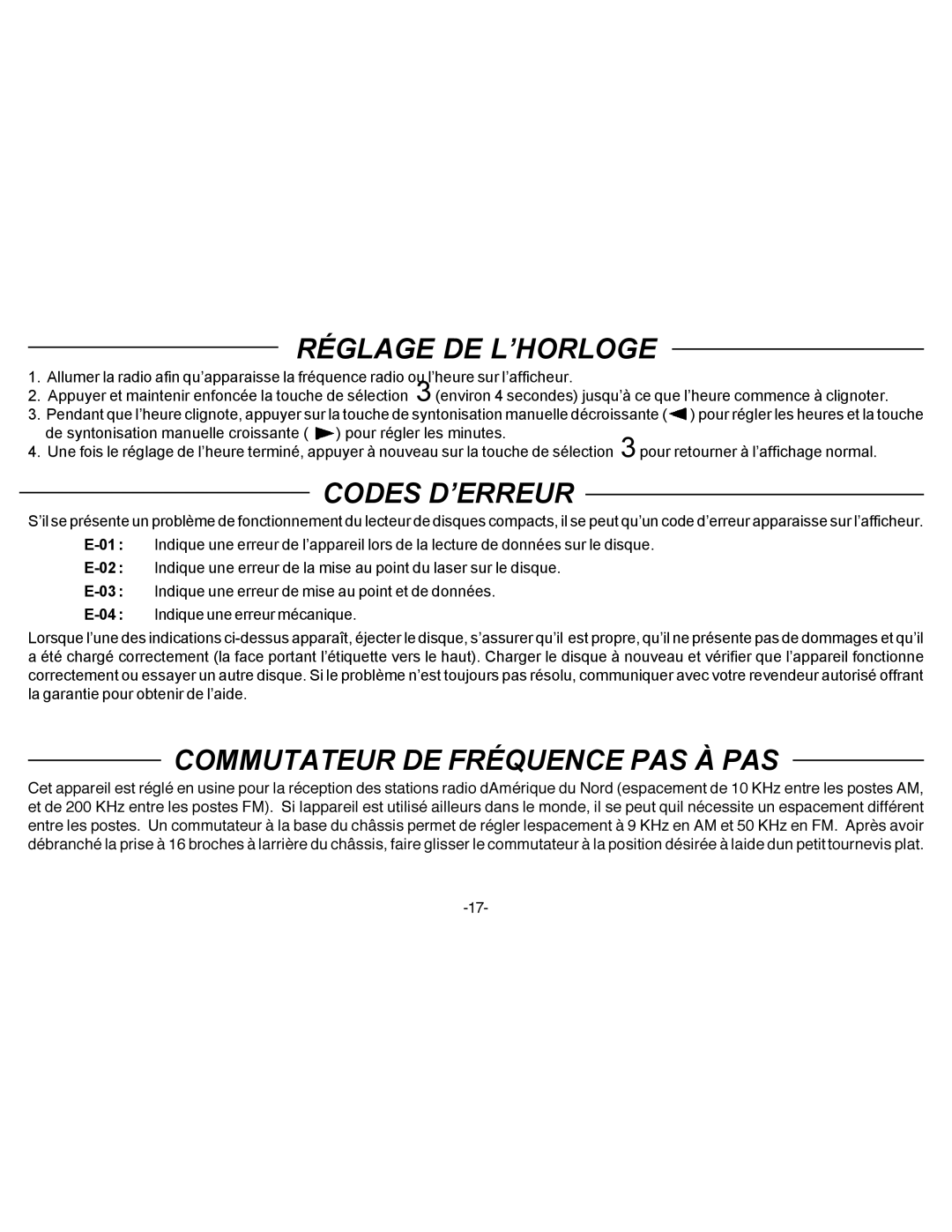 Audiovox P-88 owner manual Réglage DE L’HORLOGE, Codes D’ERREUR, Commutateur DE Fréquence PAS À PAS 