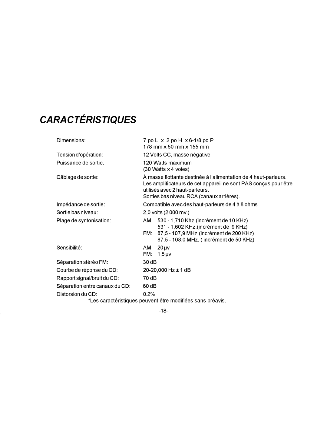 Audiovox P-88 owner manual Caractéristiques 