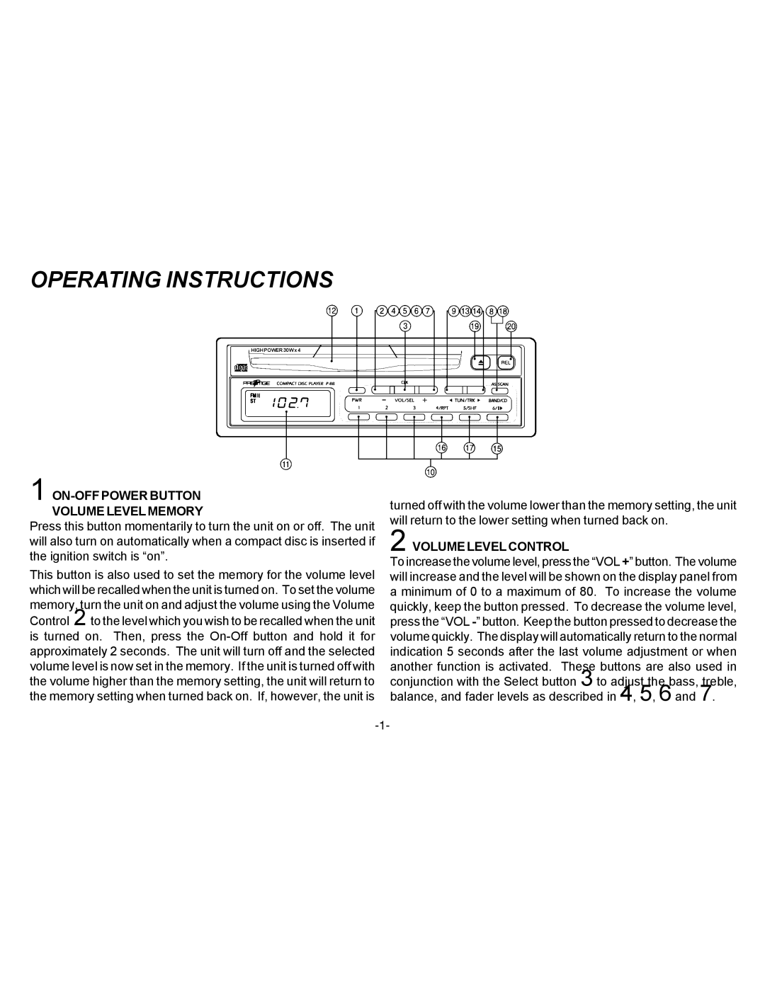 Audiovox P-88 owner manual Operating Instructions, ON-OFF Power Button Volume Level Memory, Volume Level Control 