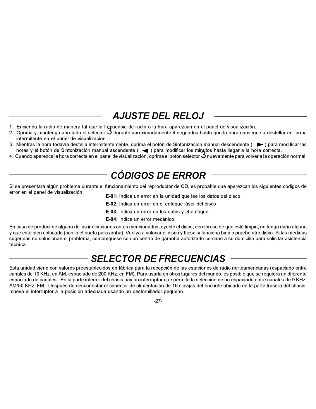 Audiovox P-88 owner manual Ajuste DEL Reloj, Códigos DE Error, Selector DE Frecuencias 