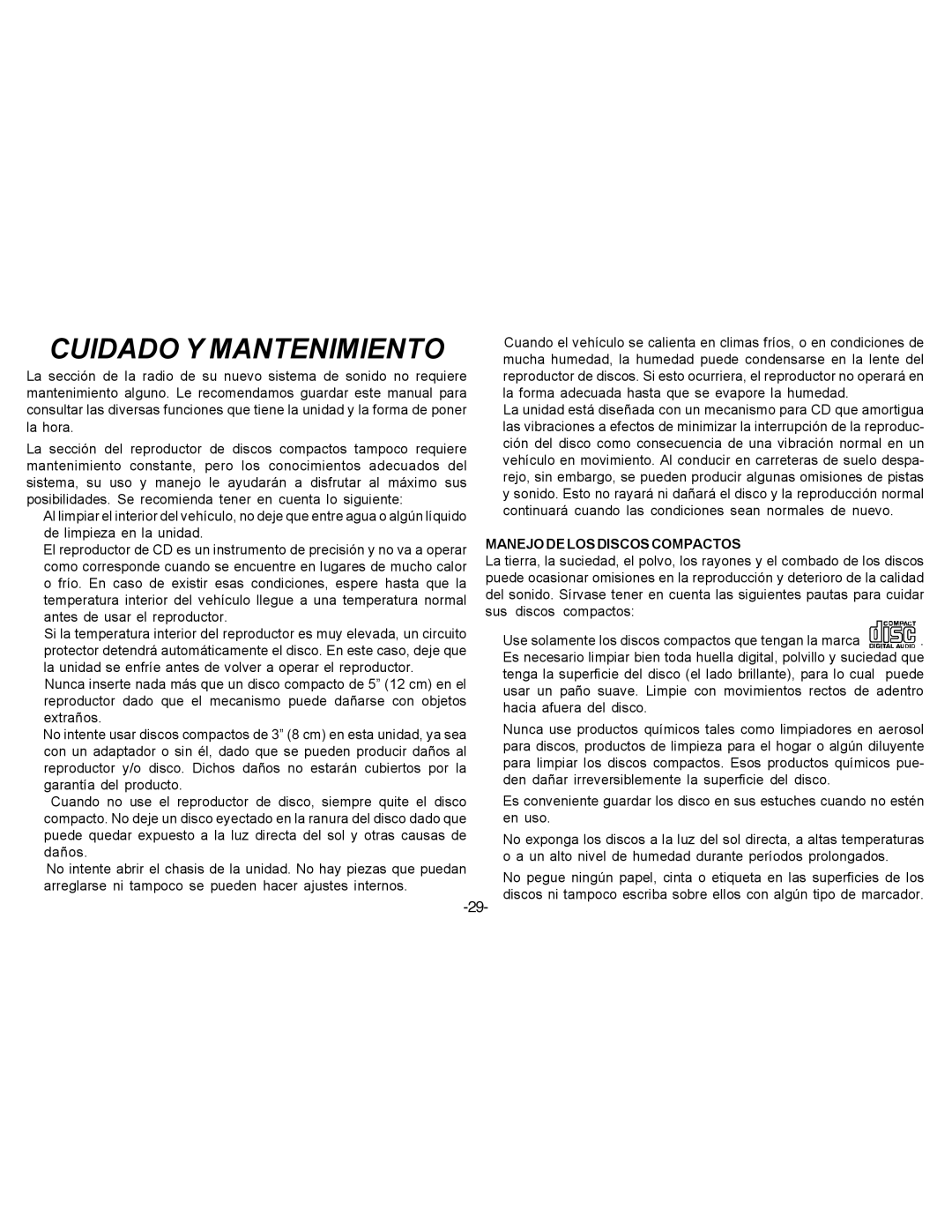 Audiovox P-88 owner manual Cuidado Y Mantenimiento, Manejo DE LOS Discoscompactos 