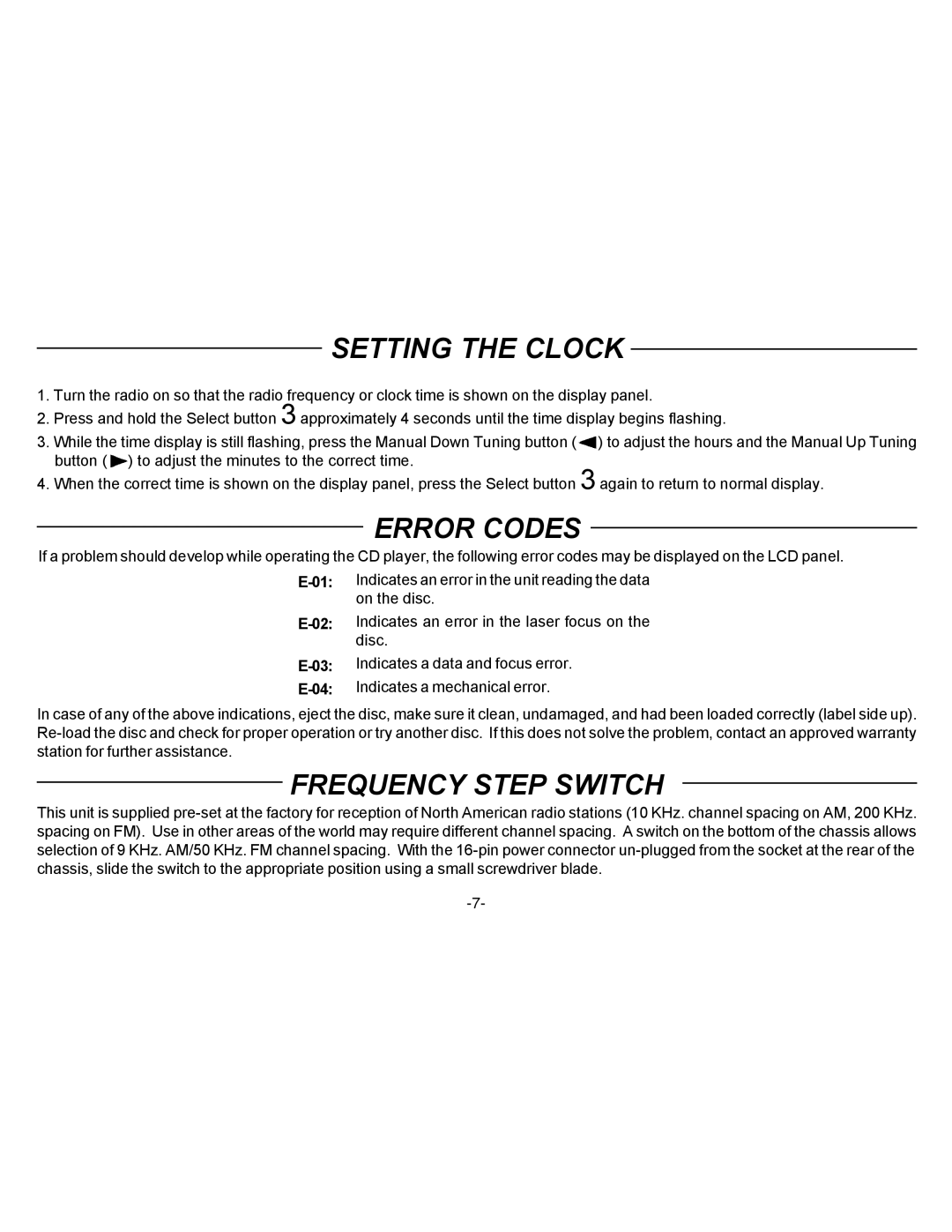 Audiovox P-88 owner manual Setting the Clock, Error Codes, Frequency Step Switch 