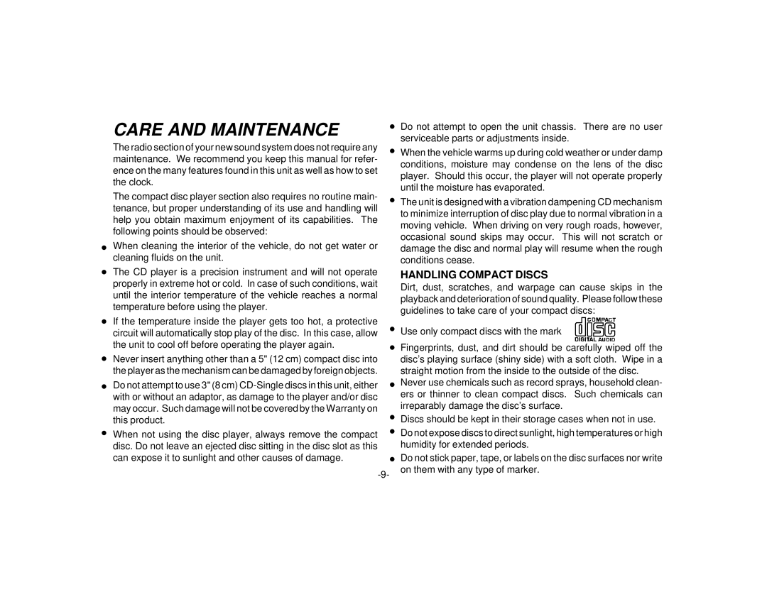 Audiovox P-94 manual Care and Maintenance, Handling Compact Discs 