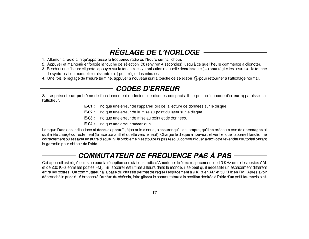 Audiovox P-94 manual Réglage DE L’HORLOGE, Codes D’ERREUR, Commutateur DE Fréquence PAS À PAS 