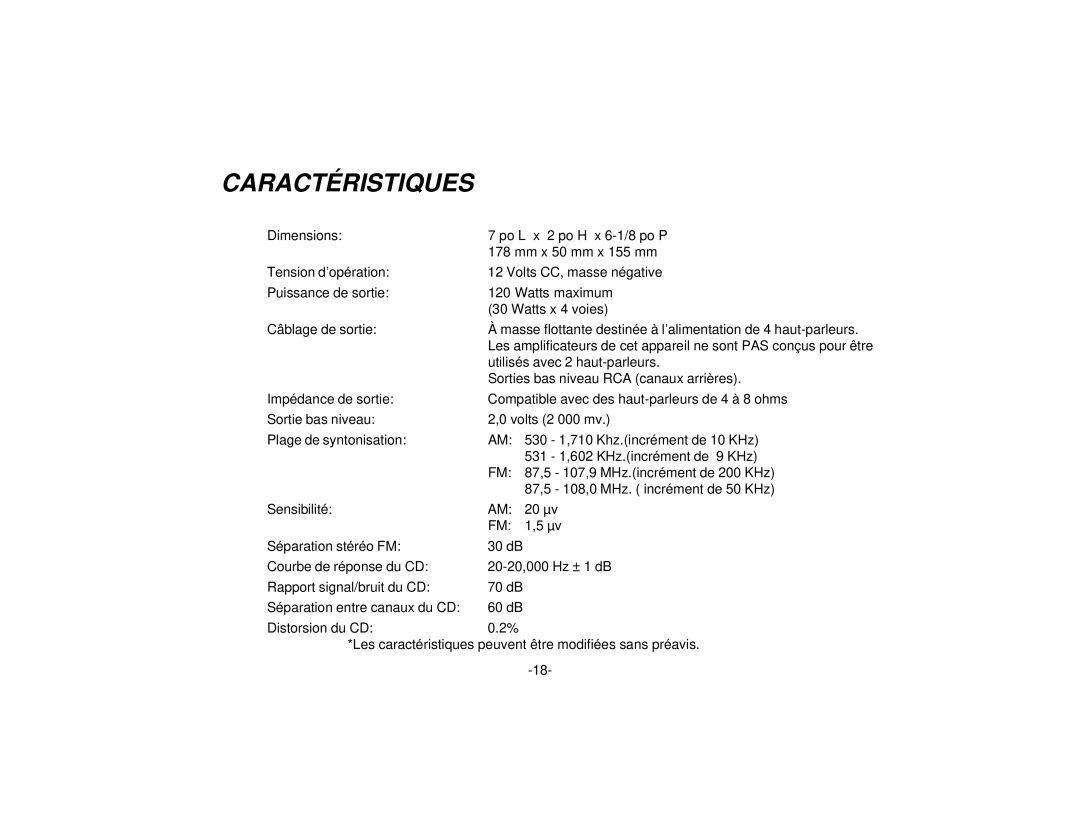 Audiovox P-94 manual Caractéristiques 