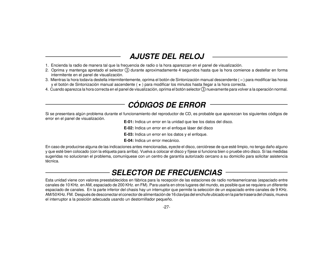 Audiovox P-94 manual Ajuste DEL Reloj, Códigos DE Error, Selector DE Frecuencias 