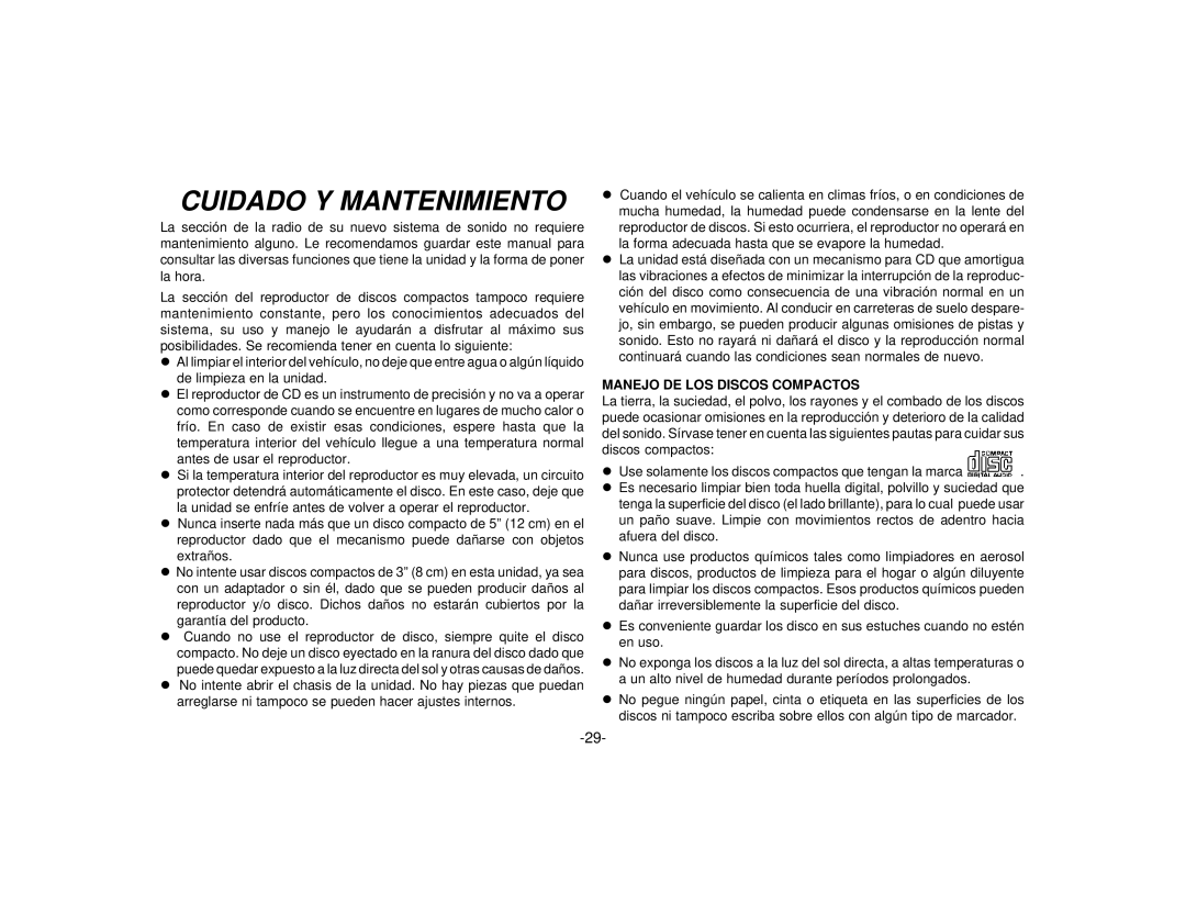 Audiovox P-94 manual Cuidado Y Mantenimiento, Manejo DE LOS Discos Compactos 