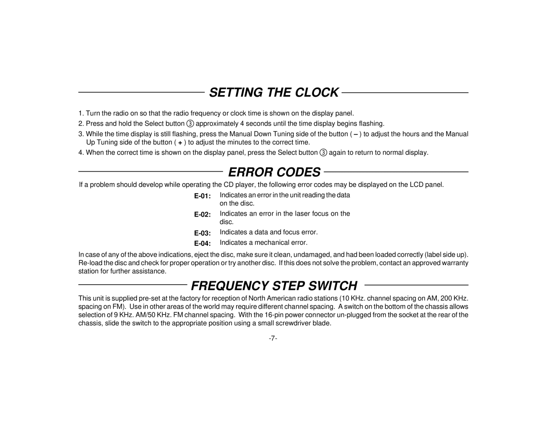 Audiovox P-94 manual Setting the Clock, Error Codes, Frequency Step Switch 