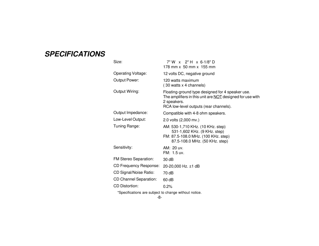 Audiovox P-94 manual Specifications 